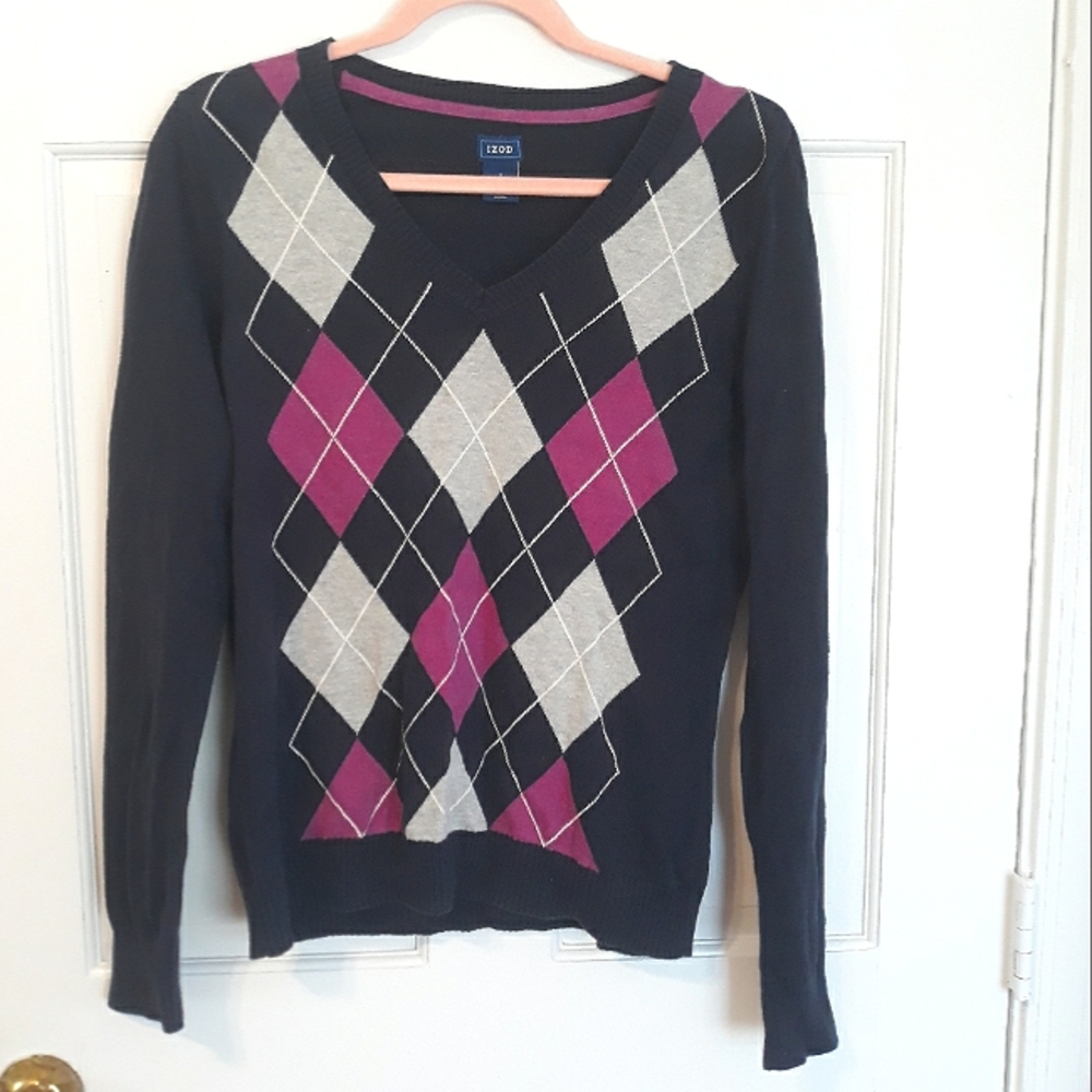 Izod navy purple gray argyle v neck work preppy layering sweater